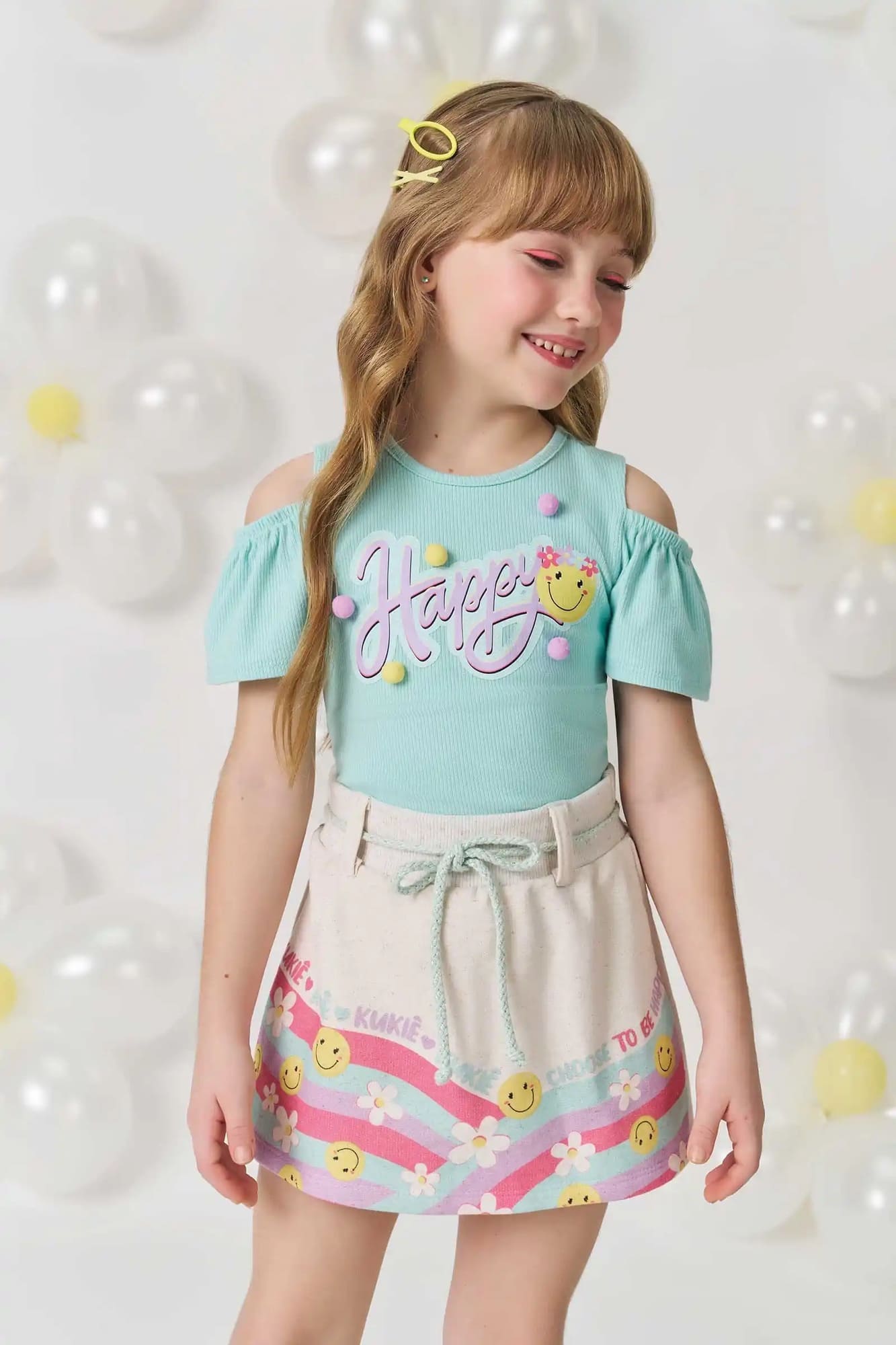 Conjunto Infantil Kukie Inverno com Short Saia e Blusa Azul Emoji