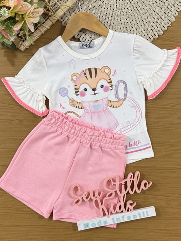 Conjunto Infantil Kukiê Verão com Shorts Verde e Blusa Branca Tigre Musical
