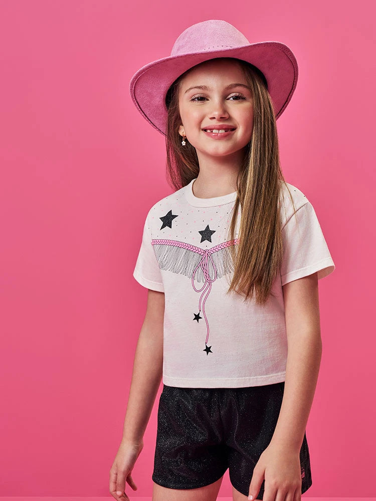 Conjunto Infantil Cinti Verão, Shorts Preto com Brilho e Blusa Estrelinha