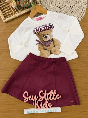 Conjunto Infantil Momi Inverno com Saia Vinho e Blusa Manga Longa Ursinha Amazing