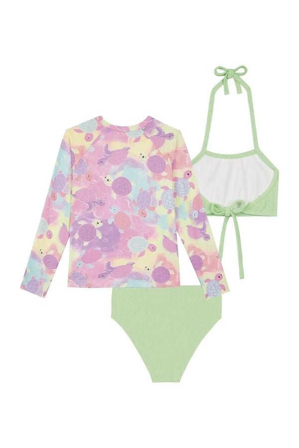 Biquíni Infantil Kukiê Verão Verde com Blusa Manga Longa Tartaruguinha