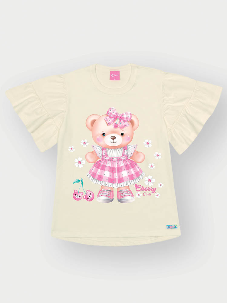 Conjunto Infantil Cinti com Calça Rosa e Blusa Branca Ursinha com Strass