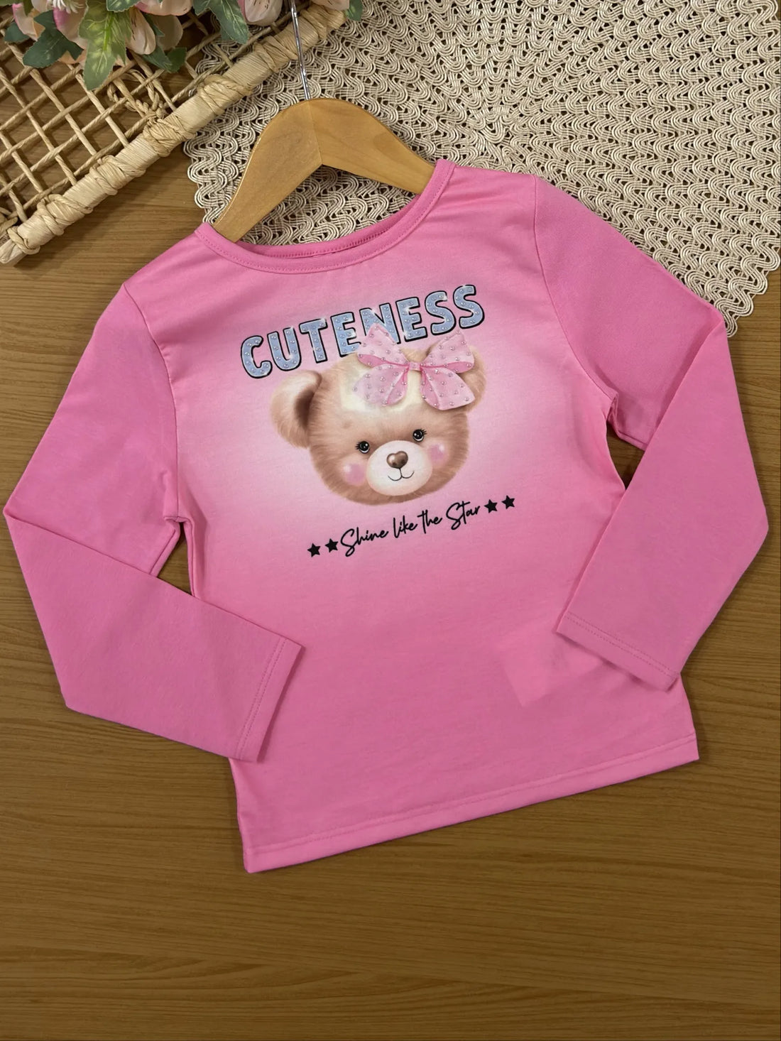 Conjunto Infantil Cinti Inverno Com Shorts Pochete e Blusa Rosa Manga Longa Ursinha Shine