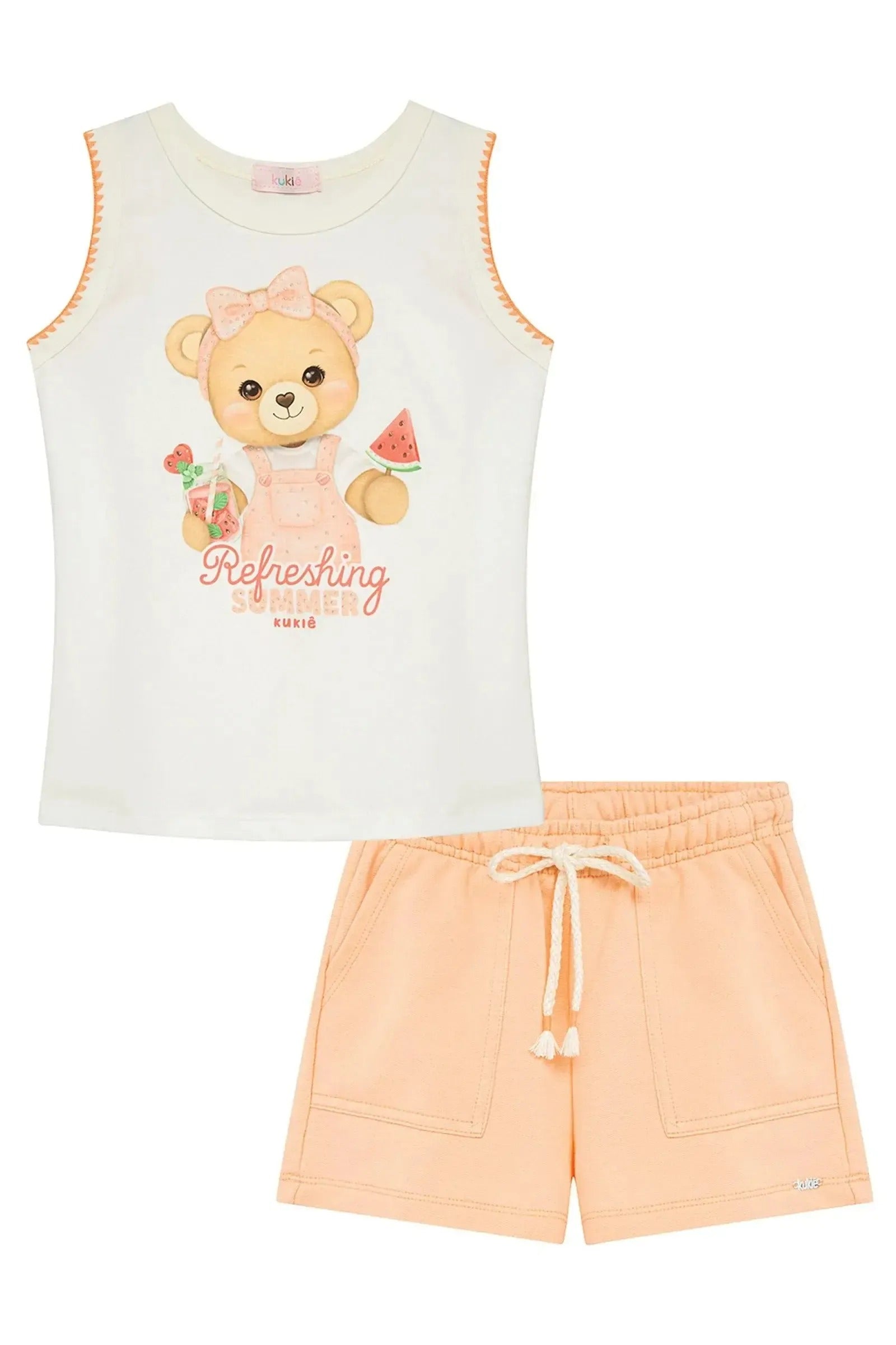 Conjunto Infantil Menina Kukiê com Shorts e Regata Branca Ursinha Melancia Strass