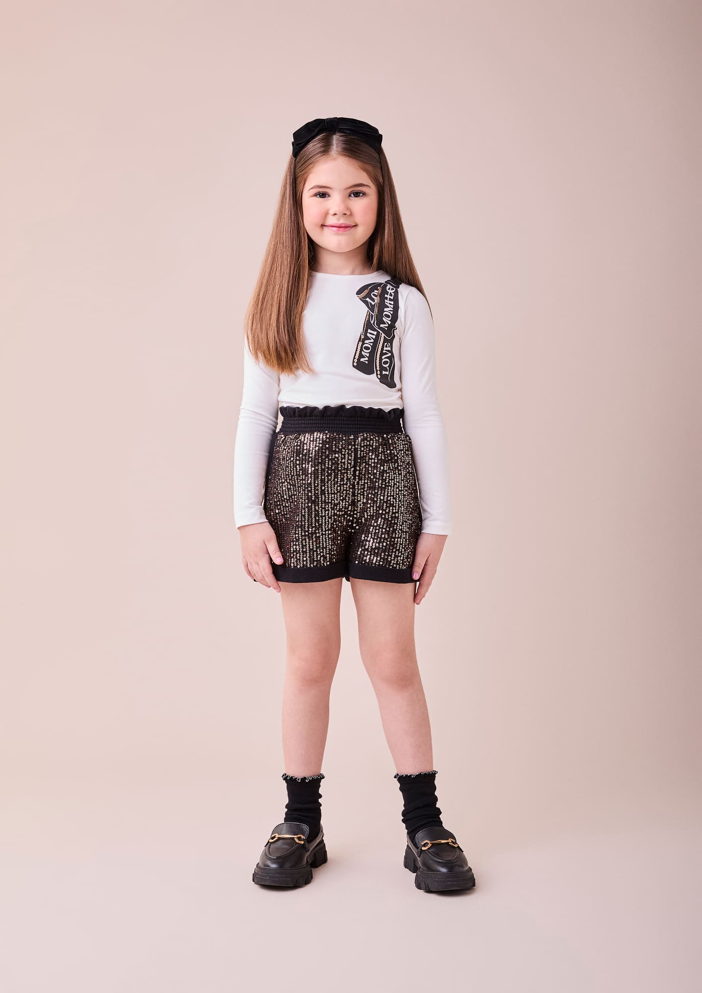 Conjunto Infantil Momi Inverno Shorts Paetê e Blusa Manga Longa Laço