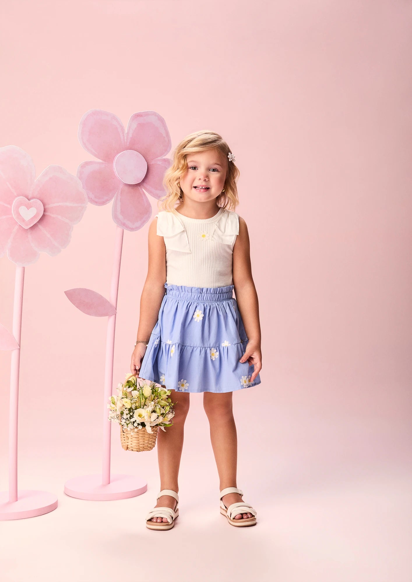 Conjunto Infantil Menina Momi com Saia Azul e Regata Florzinha