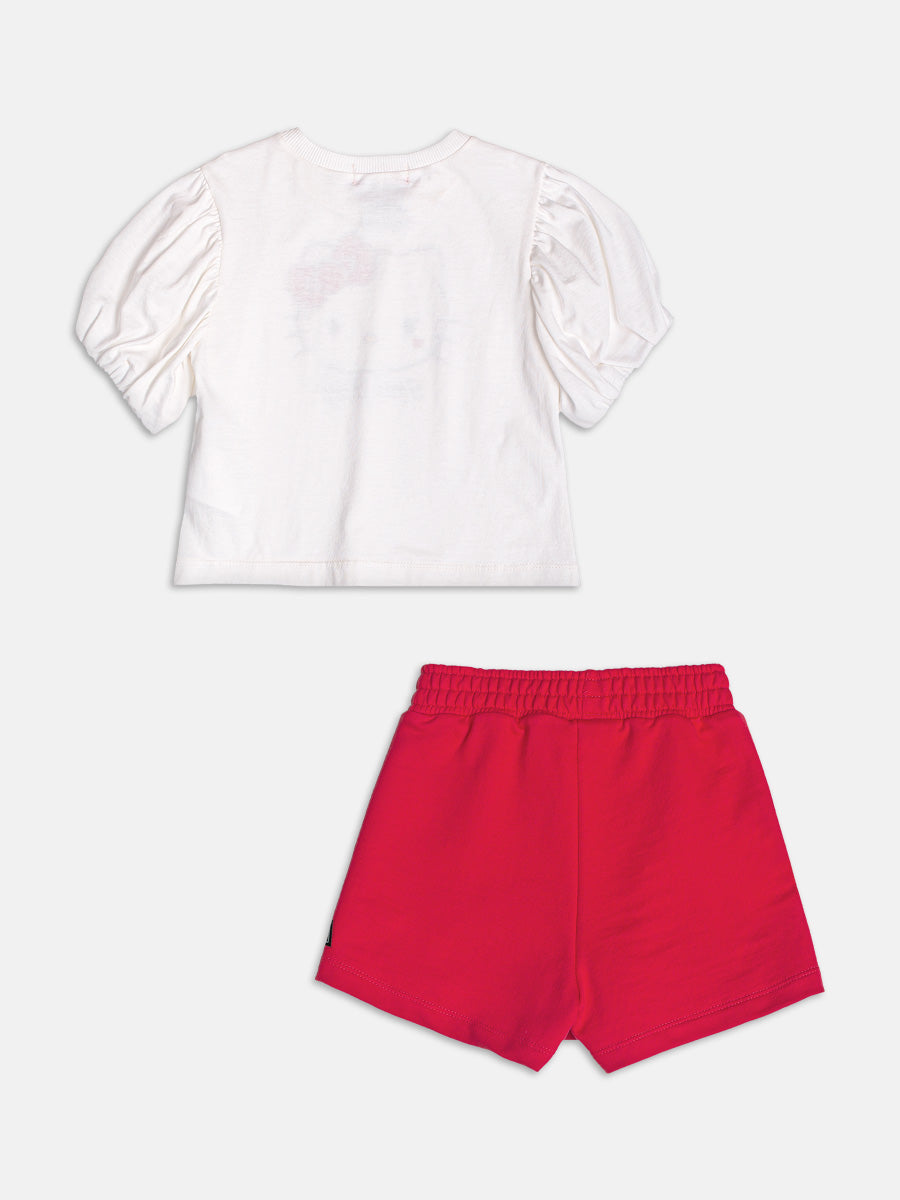 Conjunto Infantil Momi Verão com Shorts Saia Vermelho e Blusa Branca Hello Kitty com Strass