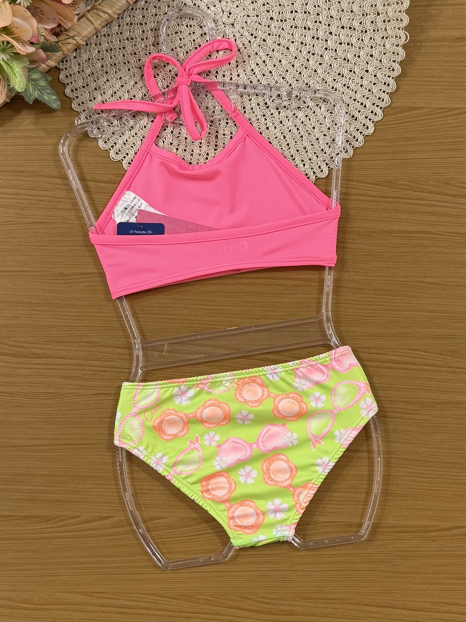Biquíni Infantil Cinti Verão Rosa com Shorts Verde Neon Pretty Vibes