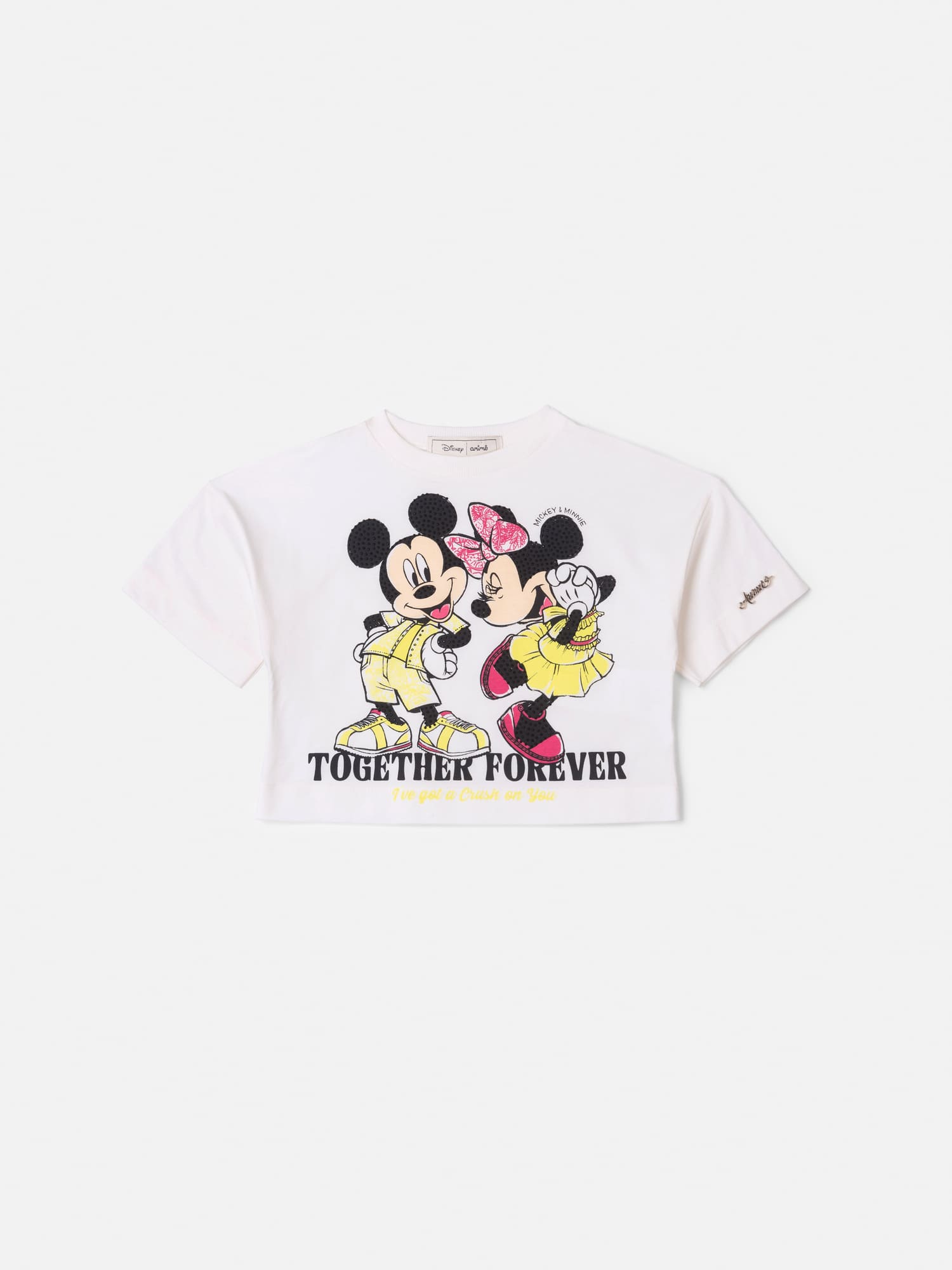 Blusa Infantil Animê Verão Branca Mickey e Minnie com Strass Disney