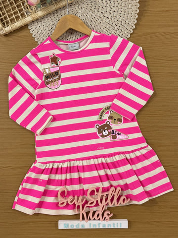 Vestido Infantil Bimbi Inverno Listras Rosa Bichinhos