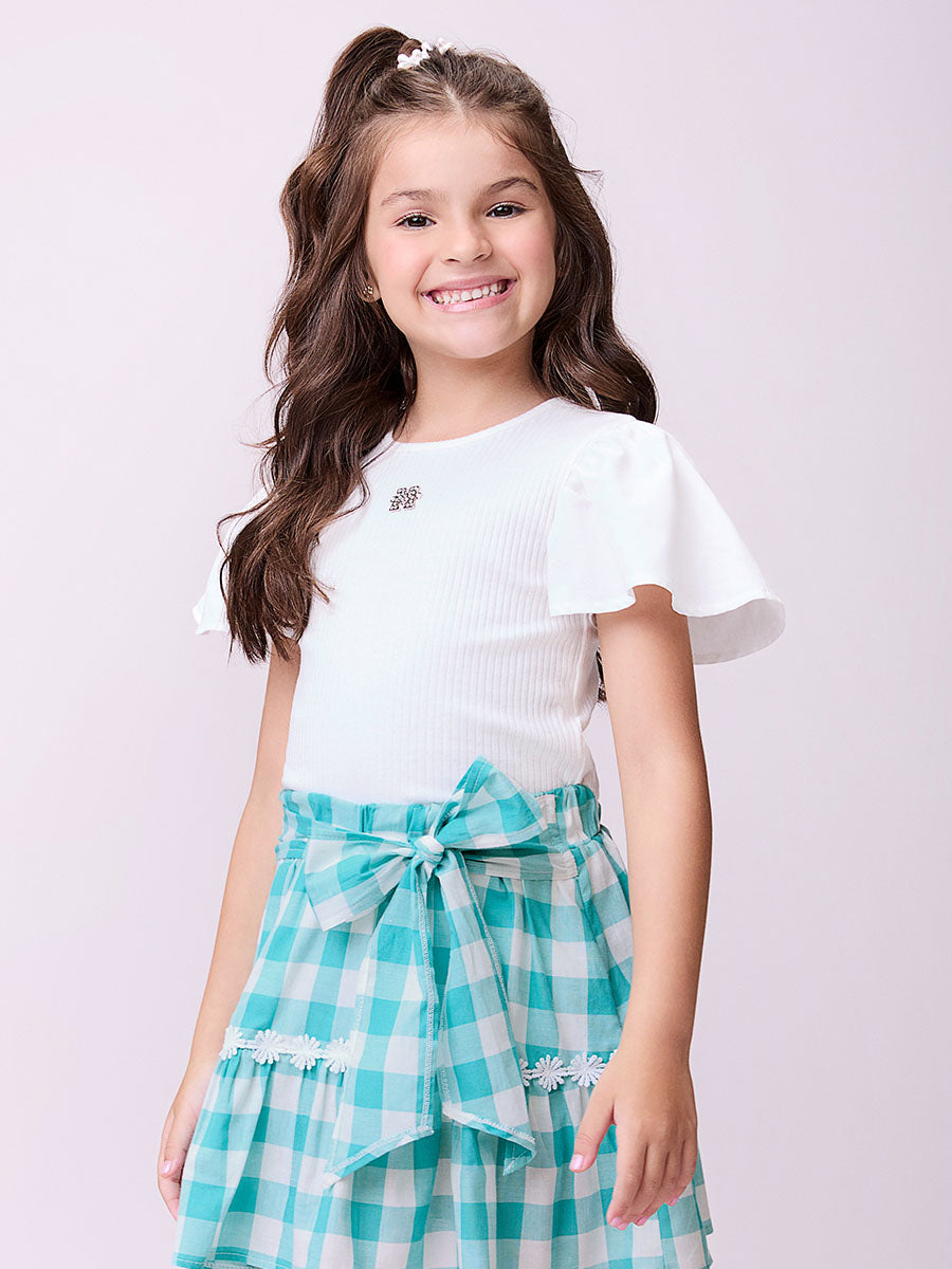 Conjunto Infantil Momi Verão Saia Xadrez e Blusa Branca