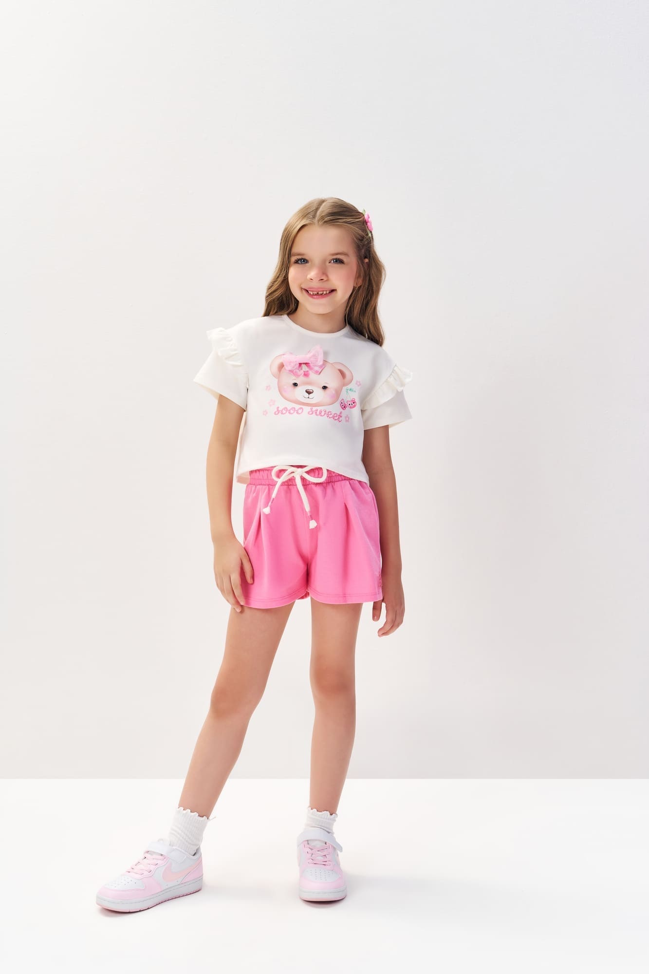 Conjunto Infantil Cinti Verão com Shorts Rosa e Blusa Branca Ursinha Cereja