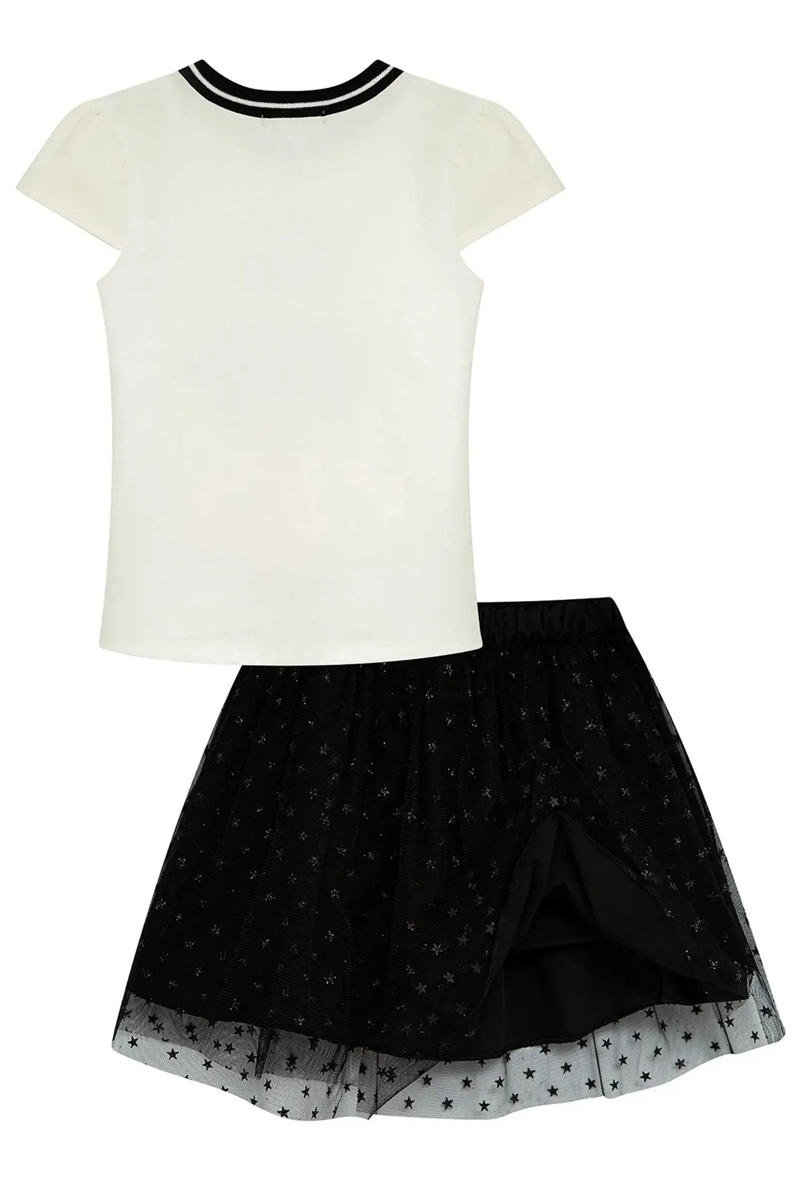 Conjunto Infantil Menina Kukiê com Saia em Tule Preta Estrelinha e Blusa Gatinha Strass