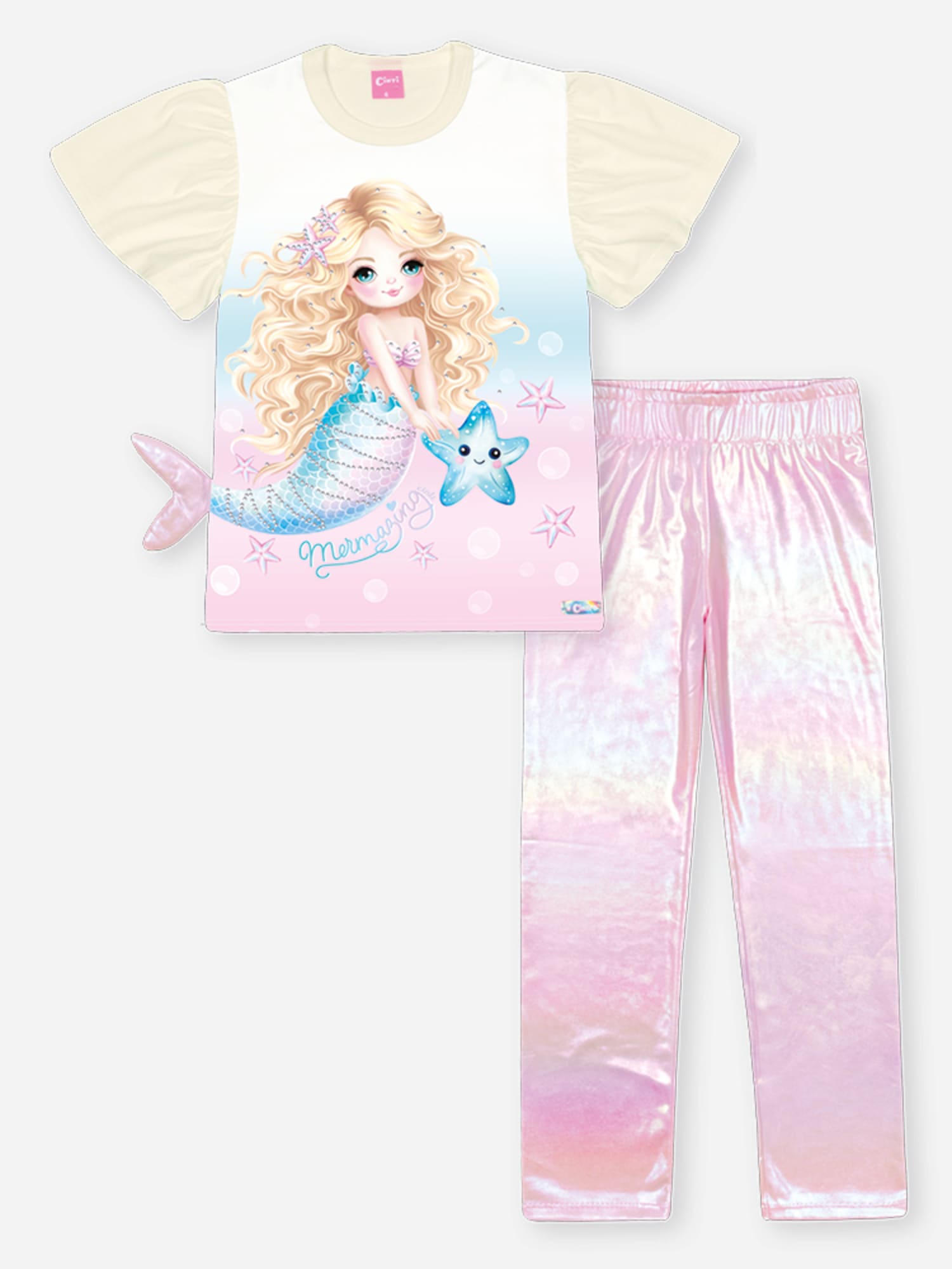Conjunto Infantil Cinti Verão com Calça Rosa Holográfica e Blusa Branca Sereia
