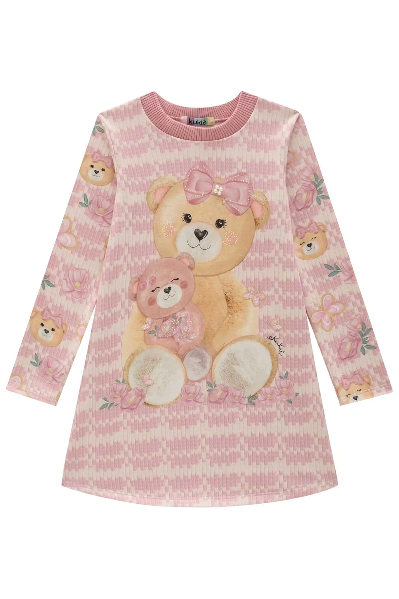 Vestido Infantil Kukie Inverno Rosa Ursinha no Campo