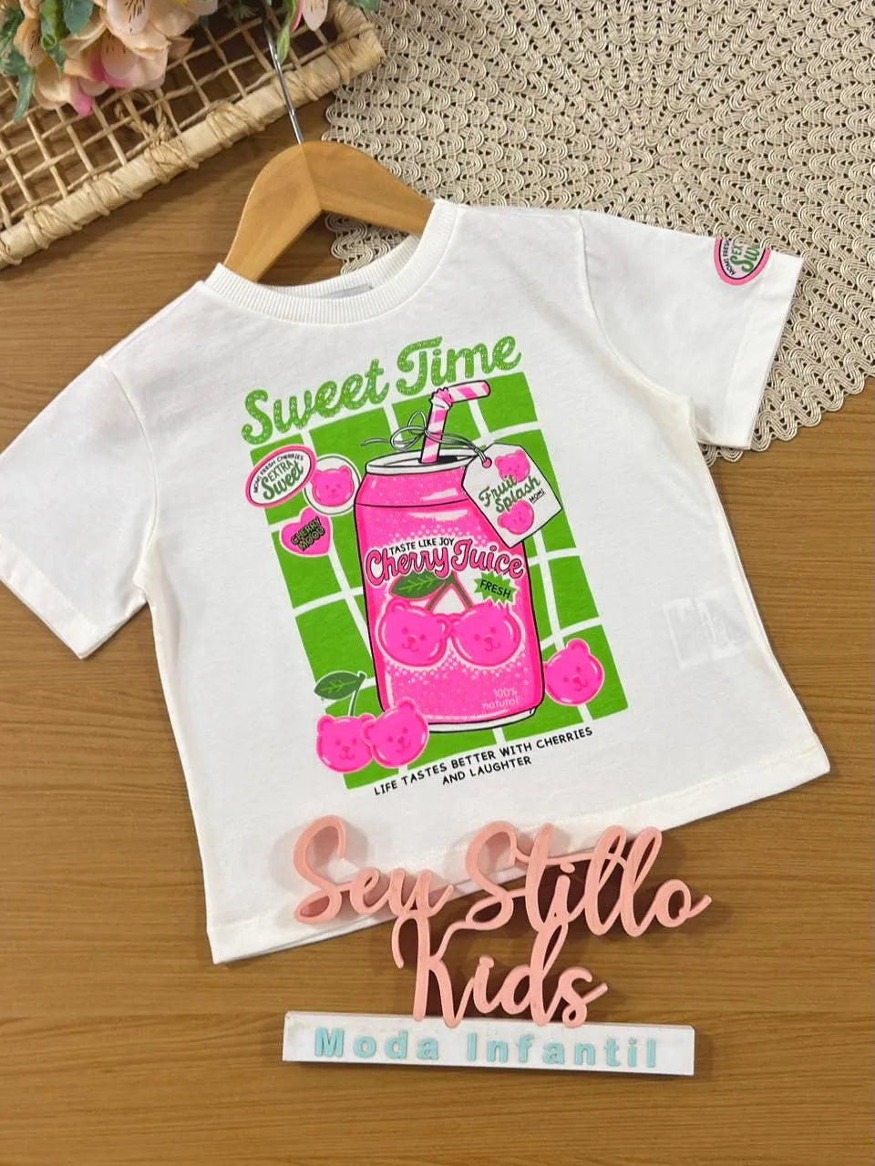Blusa Infantil Menina Momi Branca Ursinhos Cereja Strass