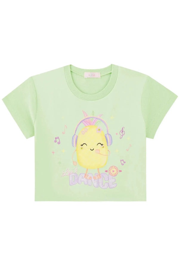 Conjunto Infantil Kukiê Verão com Shorts Off White e Blusa Verde Abacaxi Musical