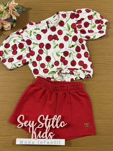 Conjunto Infantil Animê Verão Shorts Vermelho e Blusa Cereja