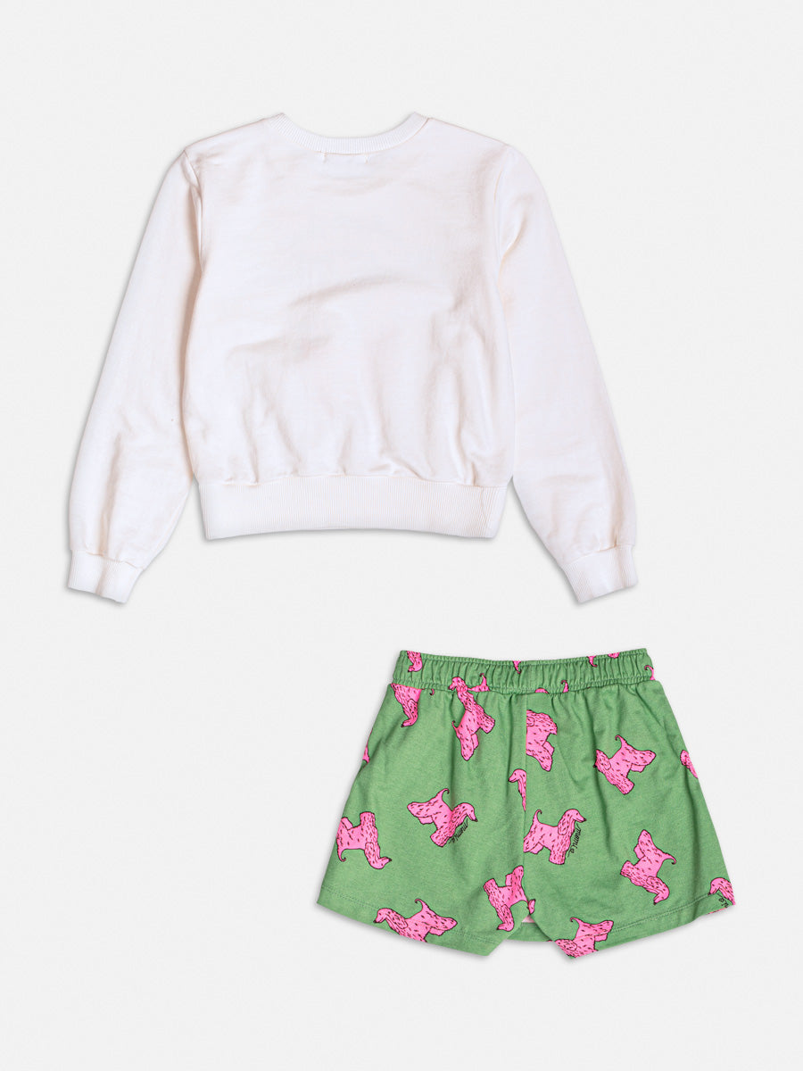 Conjunto Infantil Momi Inverno com Shorts Saia Verde e Moletom sem Flanela Branco Cachorrinha