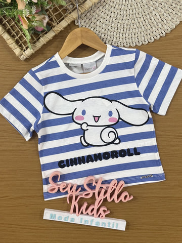 Blusa Infantil Momi Verão Azul Listrada Cinnamoroll