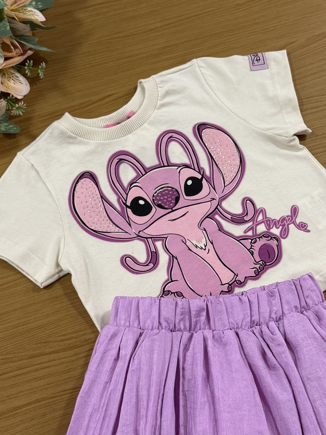 Conjunto Infantil Momi Inverno com Saia  Lilás e Blusa Angel Disney