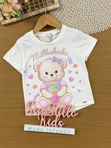 Blusa Infantil Kukiê Verão com Strass Branco Ursinha