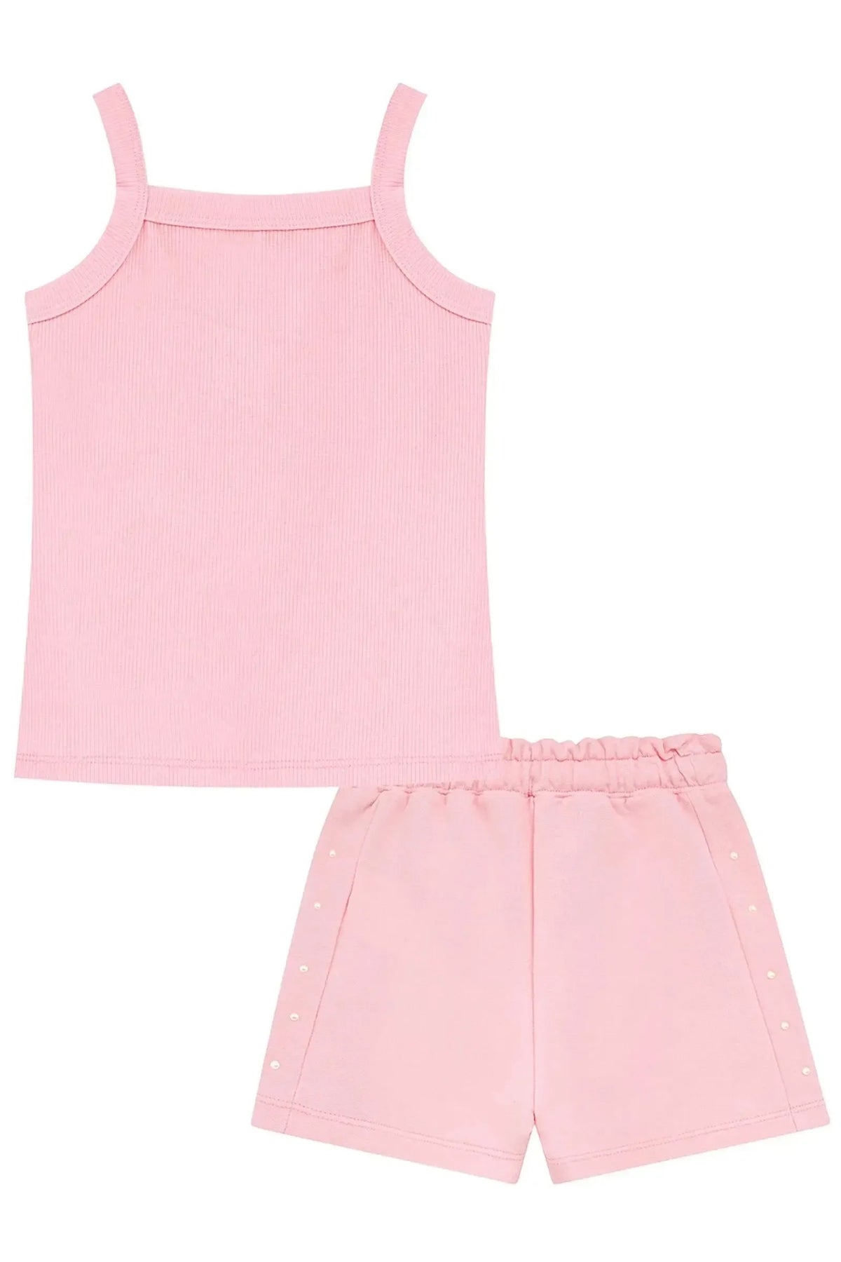 Conjunto Infantil Menina Kukiê com Shorts e Blusa Rosa Lacinho Pérolas