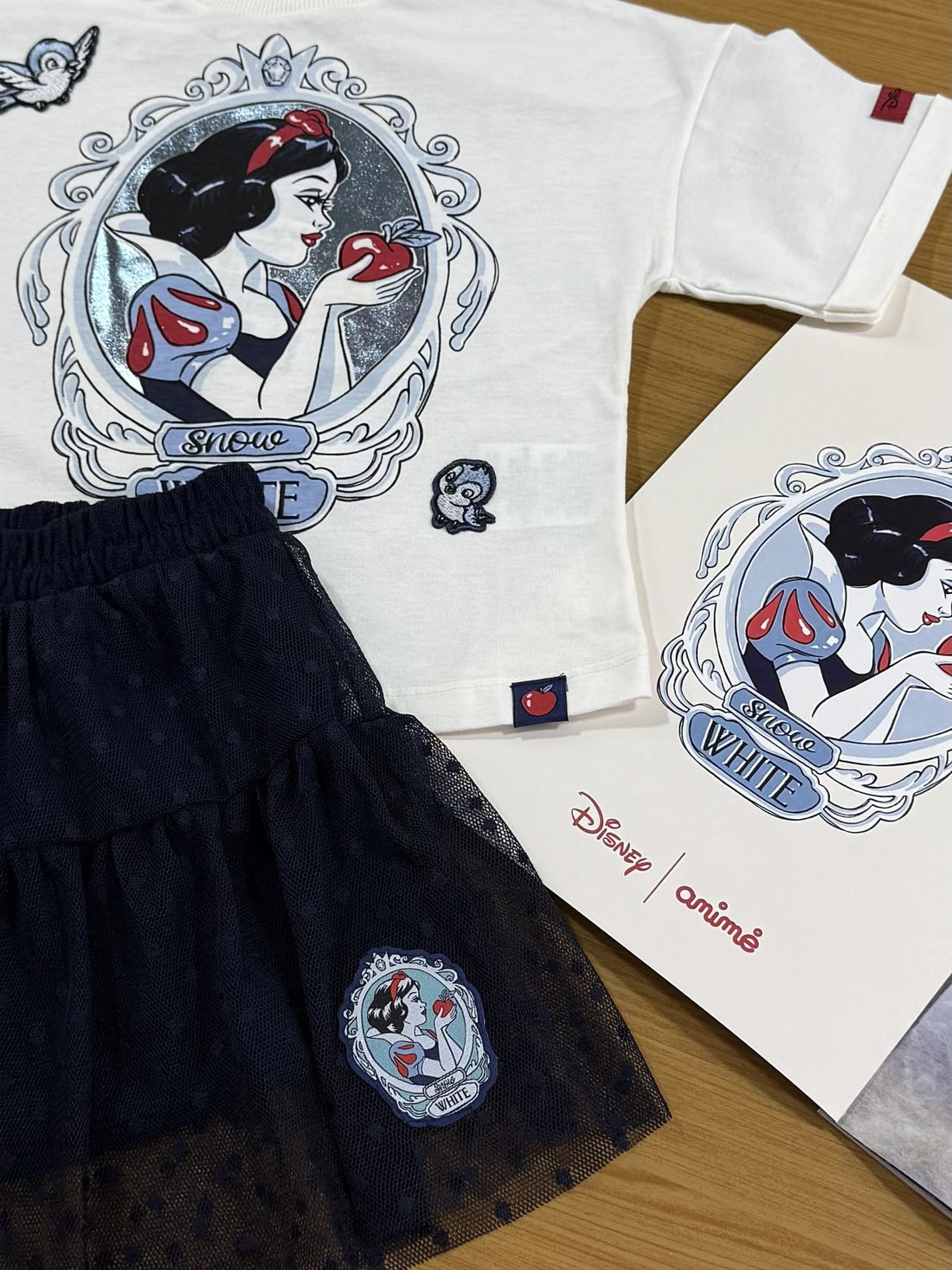 Conjunto Infantil Animê Saia Tule e Blusa Manga Curta Branca de Neve Disney