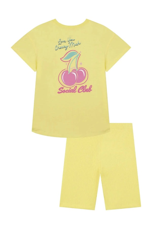 Conjunto Infantil Kukiê Verão com Shorts Ciclista e Blusa Amarela Cerejinha