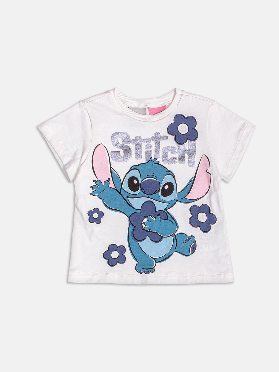 Conjunto Infantil Momi Verão com Saia em Tule Azul e Blusa Branca Stitch Disney