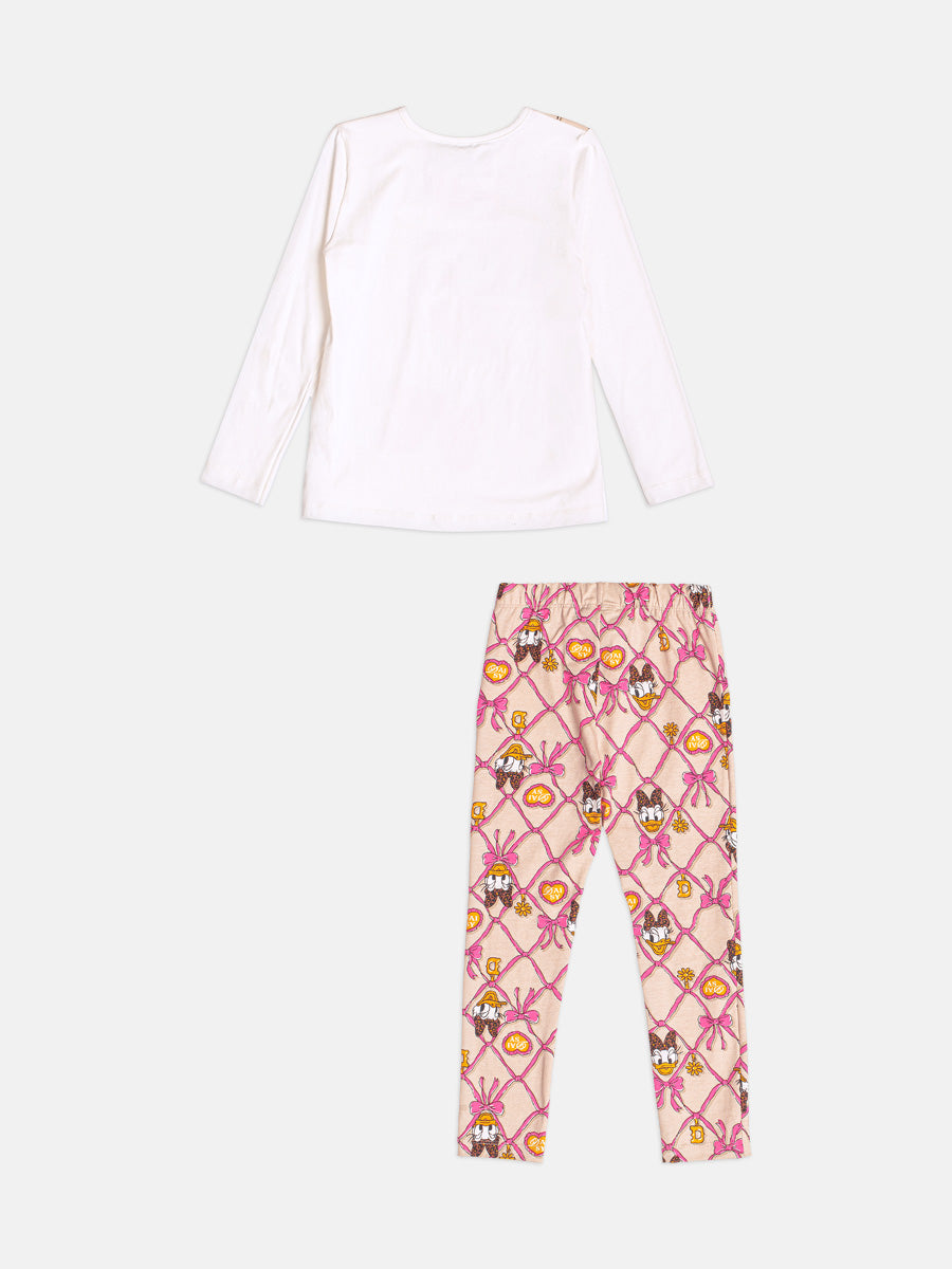 Conjunto Infantil Momi Inverno com Calça Bege e Blusa Branca Daisy Fotógrafa Disney