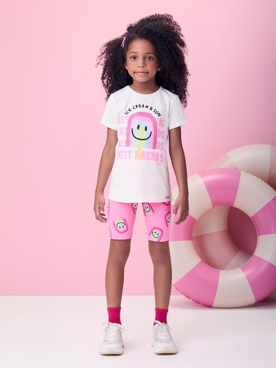 Conjunto Infantil Momi Verão com Shorts Ciclista Rosa e Blusa Branca Sorvetinho