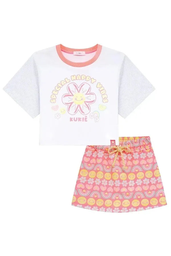 Conjunto Infantil Menina Kukiê com Shorts Saia e Blusa Branca Florzinha Emoji