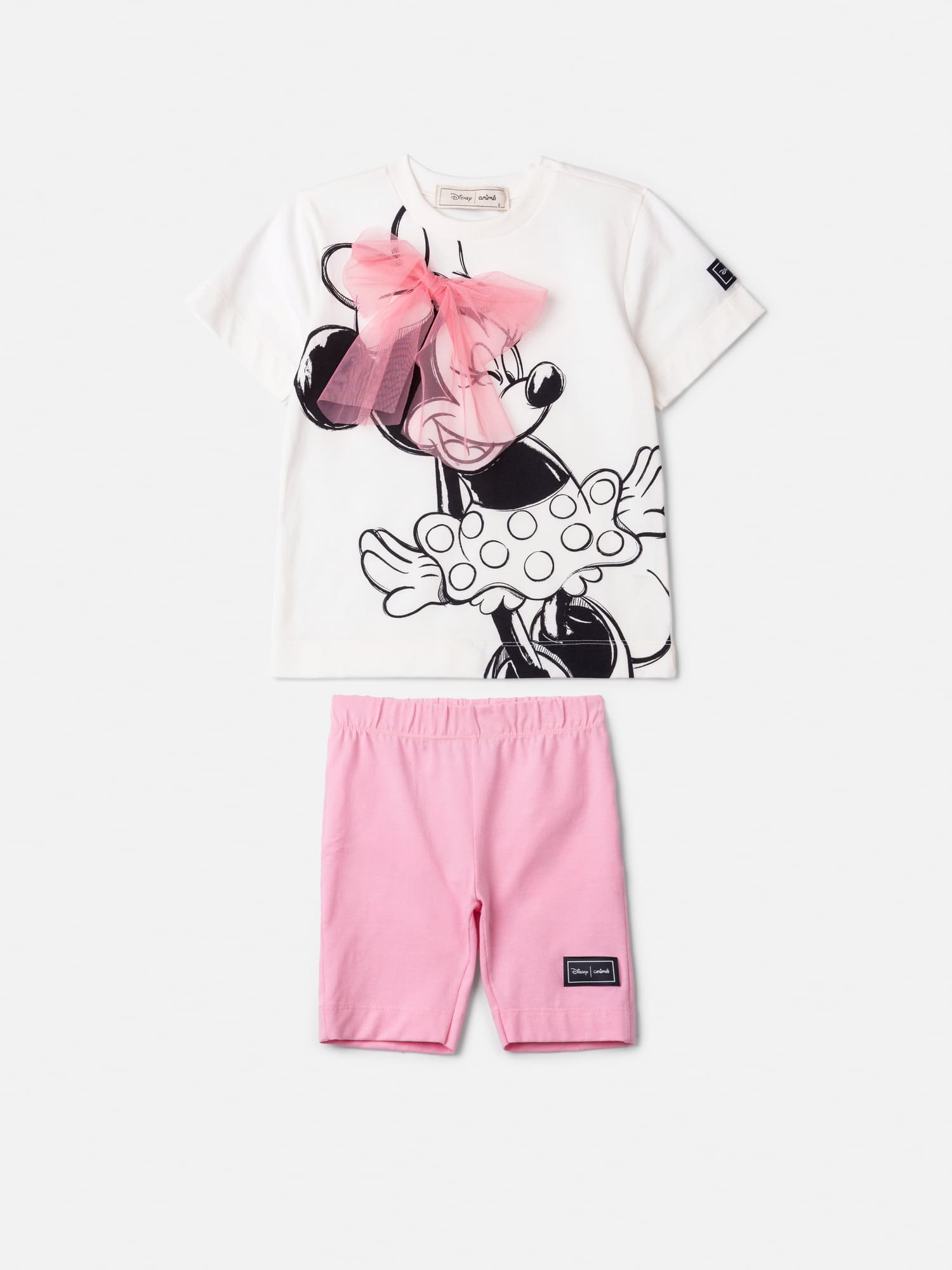Conjunto Infantil Animê Verão com Shorts Ciclista Rosa e Blusa Branca Minnie Laço Disney