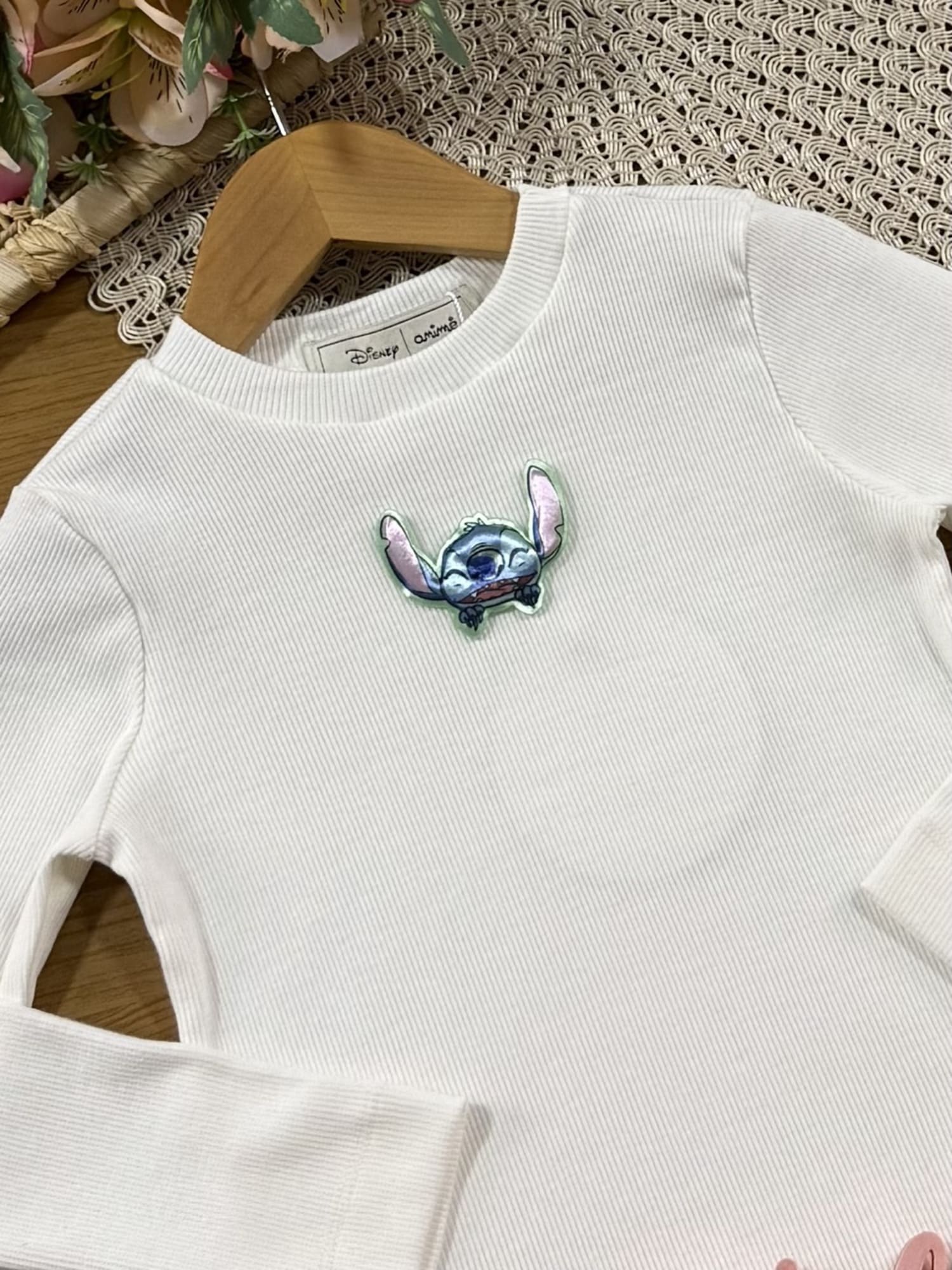 Blusa Infantil Animê Inverno Manga Longa Branca Stitch Disney