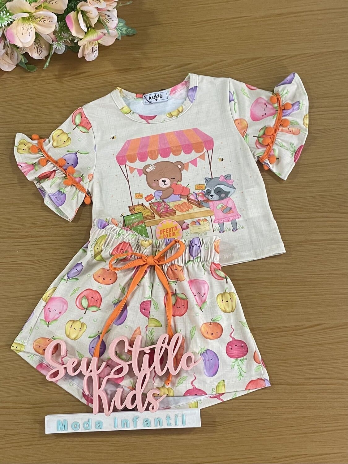 Conjunto Infantil Kukie Alecrim Verão Shorts e Blusa Bege Ursinha