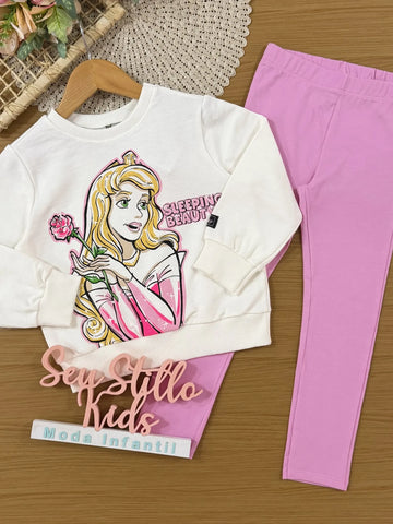 Conjunto Infantil Bimbi Inverno com Calça Legging Rosa e Moletom Sem Flanela Branco Aurora