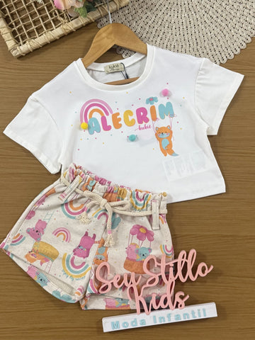 Conjunto Infantil Kukiê Short com Blusa Branca Alecrim Feliz