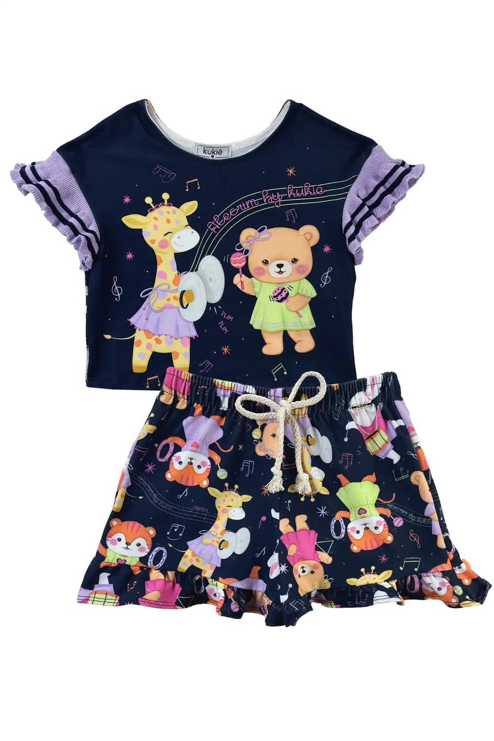 Conjunto Infantil Kukie Alecrim Verão Shorts e Blusa Azul Animais Musical