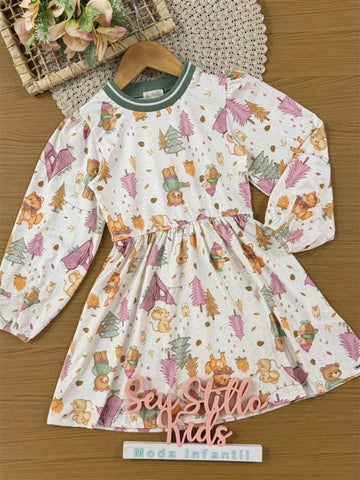 Vestido Infantil Kukiê Inverno Manga Longa Off White Animais na Floresta