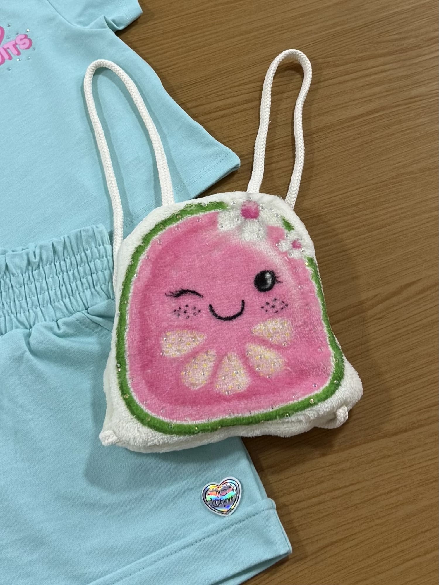 Conjunto Infantil Cinti Verão com Shorts e Blusa Azul Fruits com Bolsinha