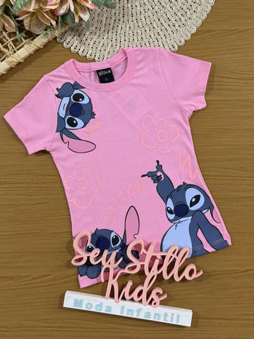 Blusa Infantil Stitch Florzinha Rosa Brandili Disney