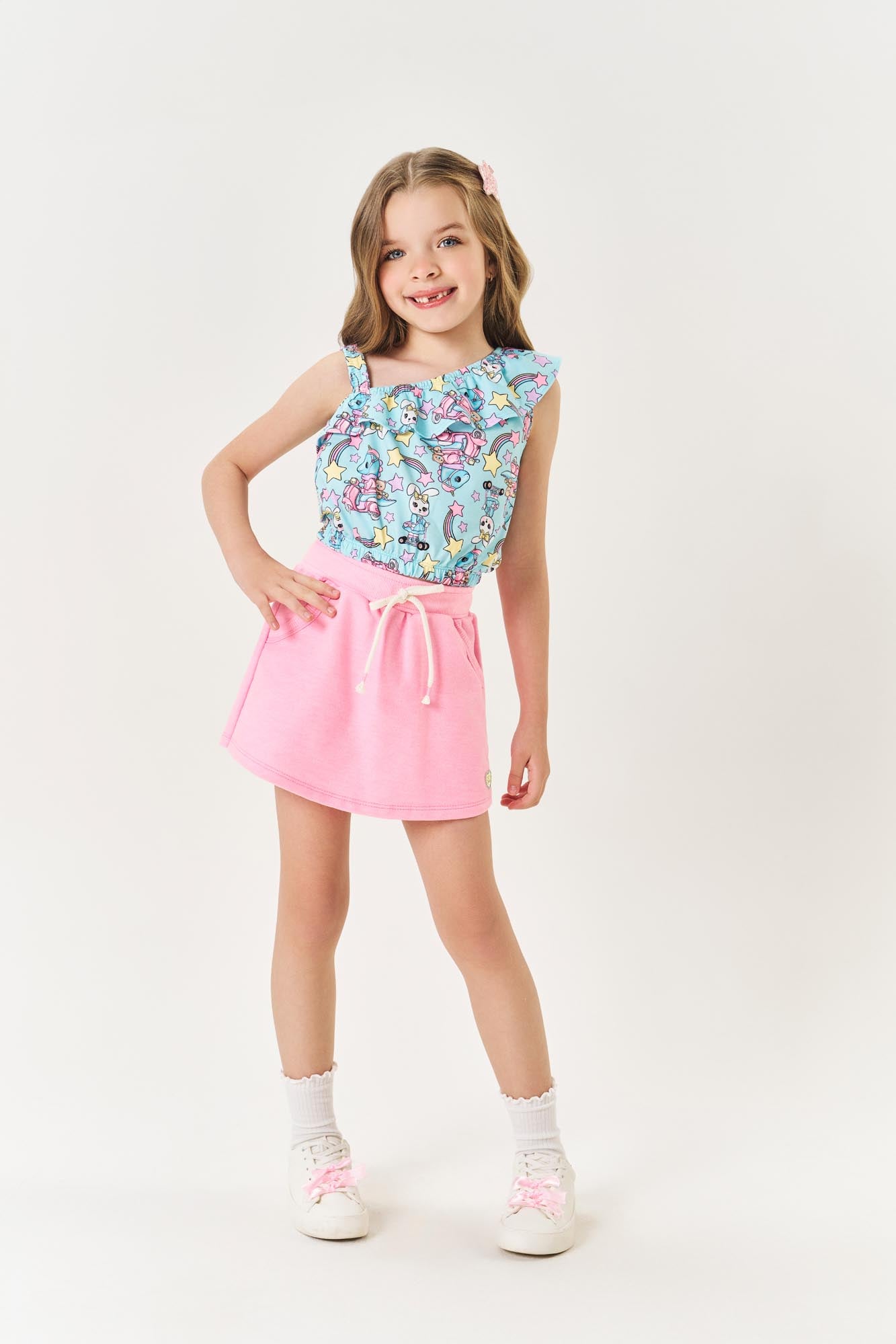 Conjunto Infantil Cinti Shorts Saia e Cropped Azul Coelhinha