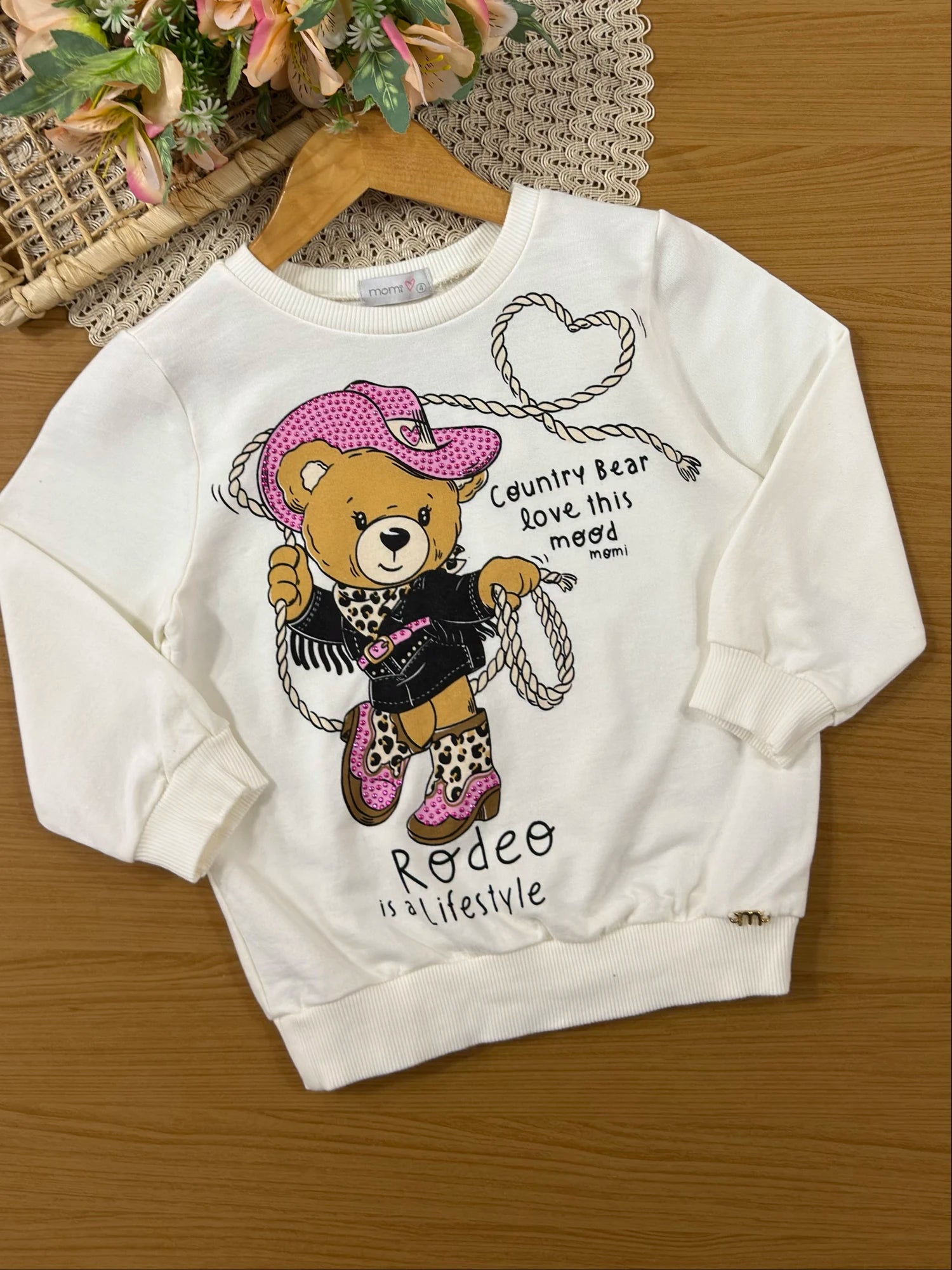 Conjunto Infantil Momi Inverno com Calça Legging e Moletom sem Flanela Branco Country Bear