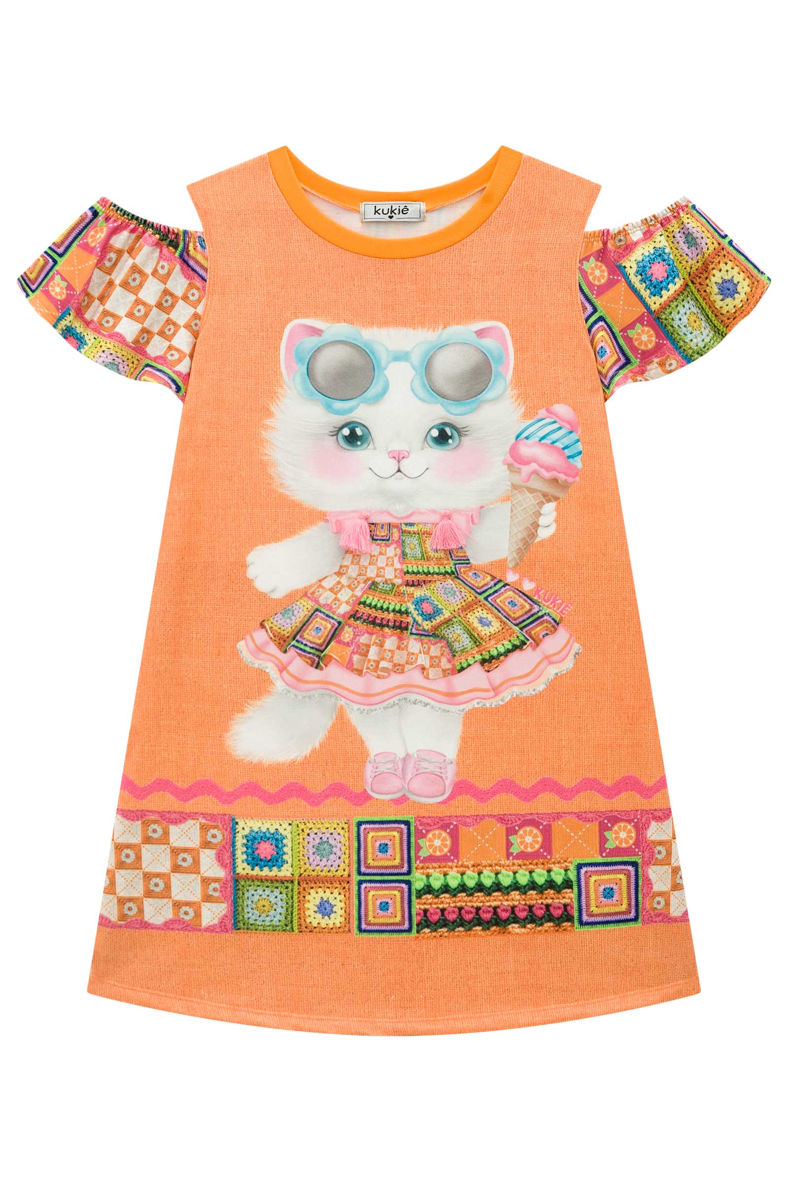 Vestido Infantil Kukie Verão Laranja Gatinha