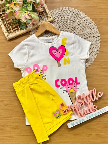 Conjunto Infantil Menina Bimbi com Short-Saia Amarelo e Blusa Branca Sorvetinhos