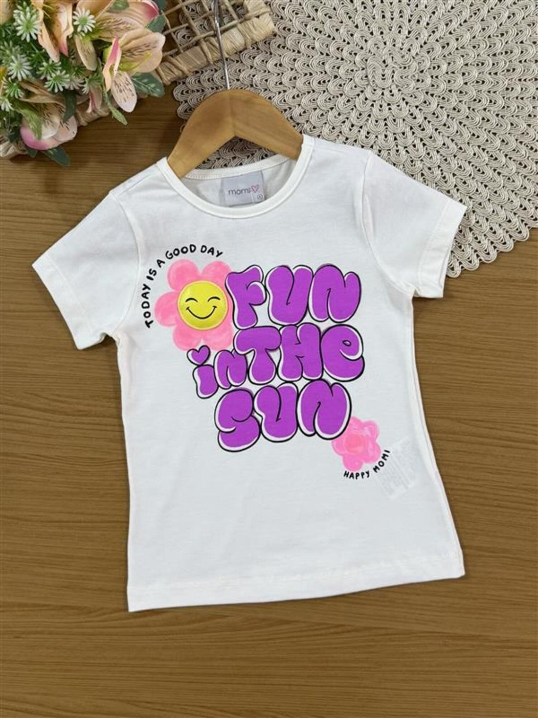 Conjunto Infantil Momi Verão com Shorts Saia Roxo e Blusa Branca Florzinha