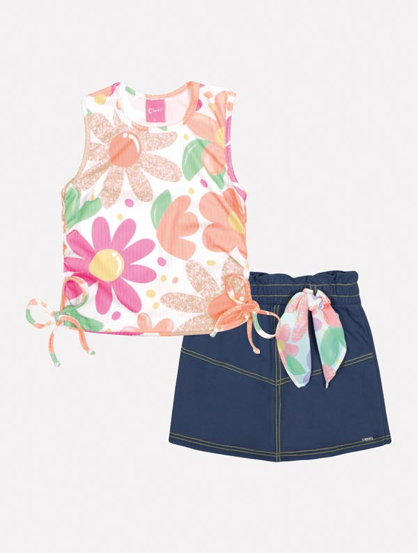 Conjunto Infantil Cinti Verão Shorts Saia e Regata Flor