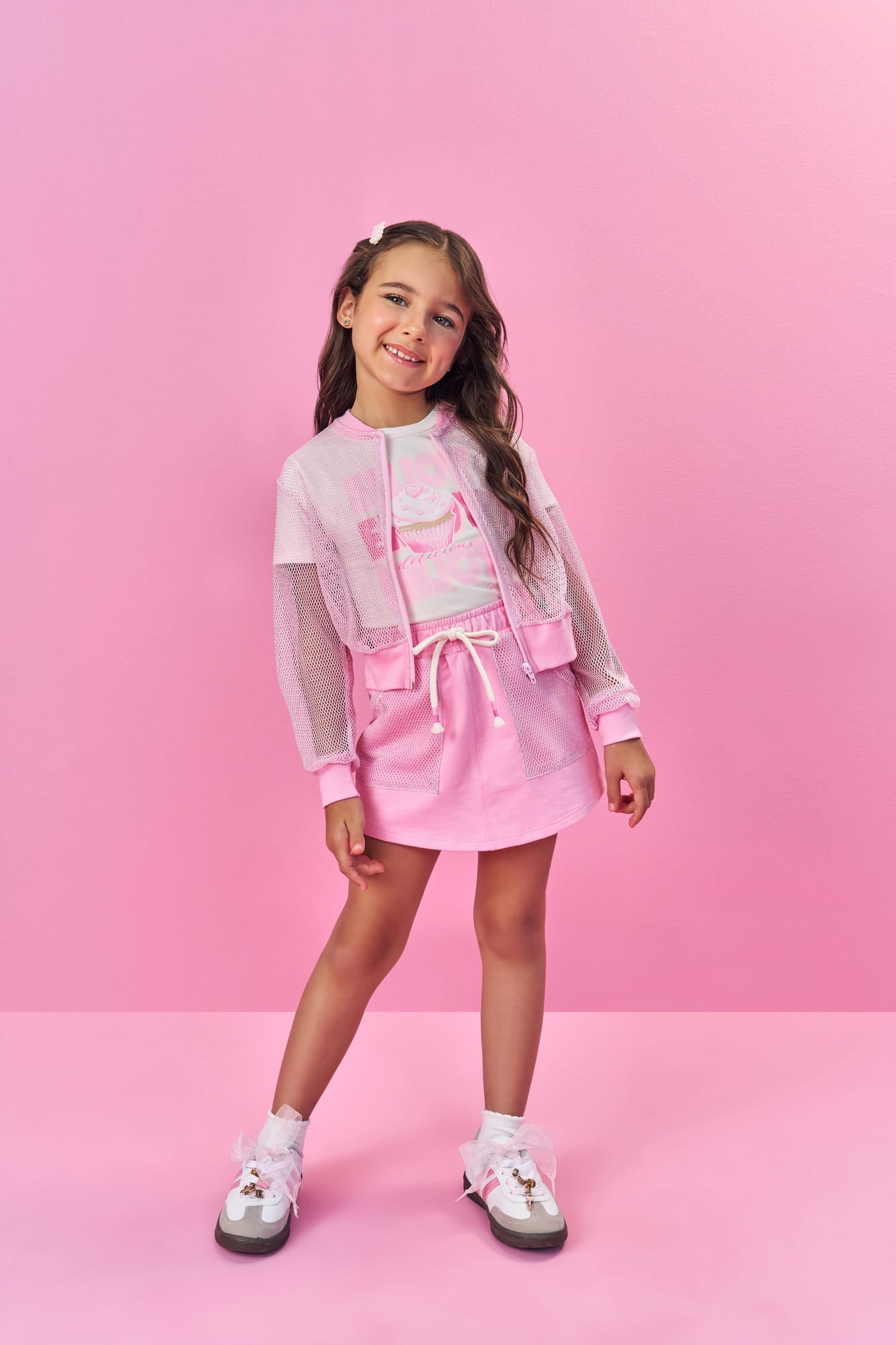 Conjunto Infantil Cinti Verão com Short-Saia, Blusa e Sobreposição em Tela Rosa Enjoy