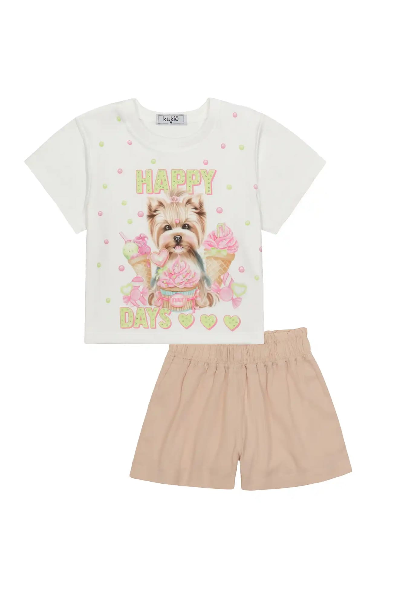 Conjunto Infantil Kukiê com Shorts Bege e Blusa Manga Curta Happy